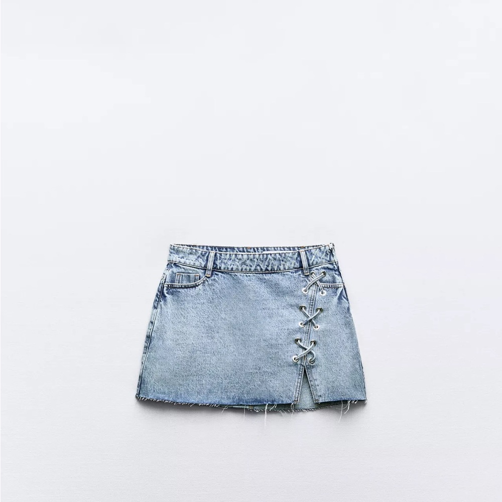 Stylish Denim Mini Skirt with Lace-Up Detail-Medium Mid-blue